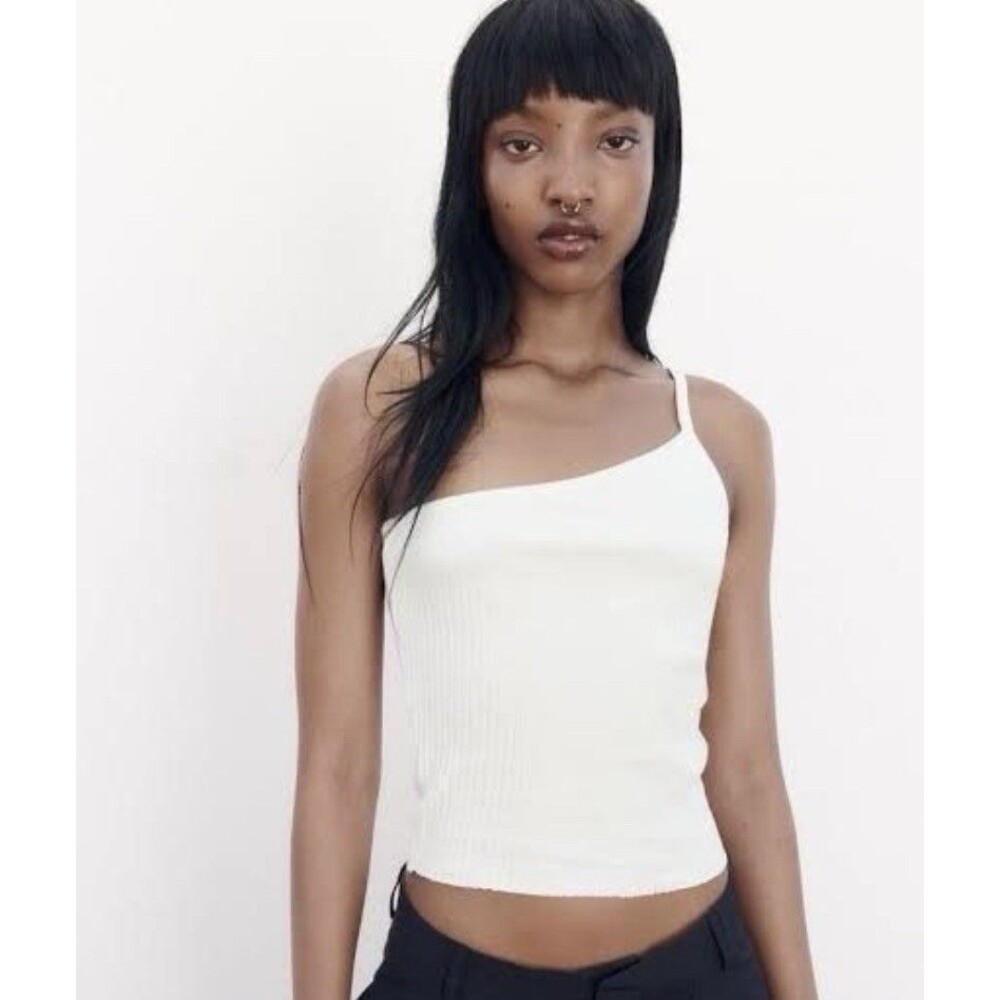 Zara Ribbed Asymmetrical One Shoulder Tank Top Minimalist White Small
